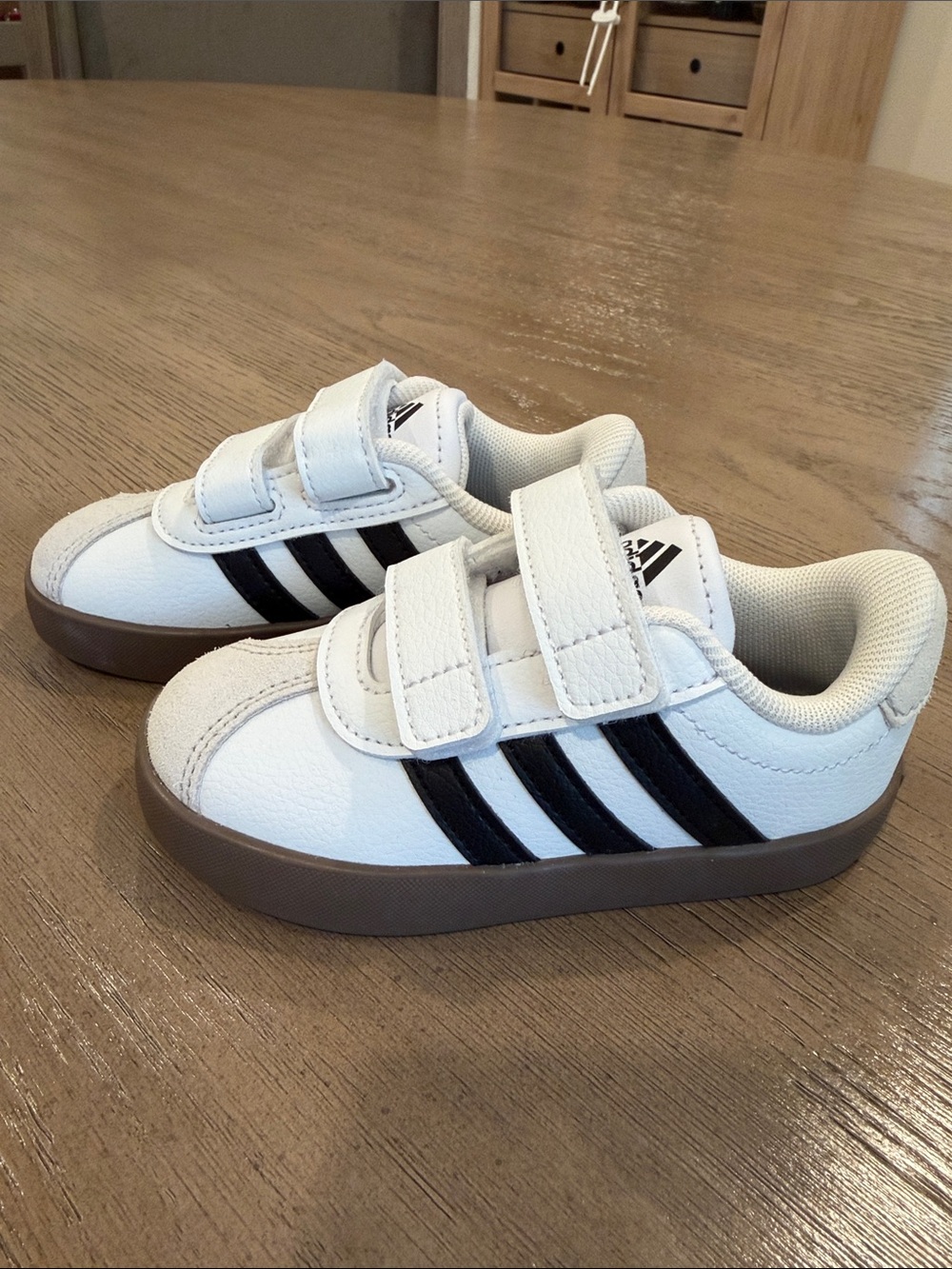 adidas White & Black Kids Velcro Sneakers with Brown Sole